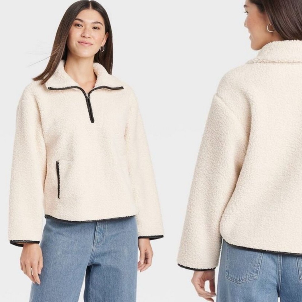 Ivory off white/black half zip faux shearling teddy textured long sleeve sweater